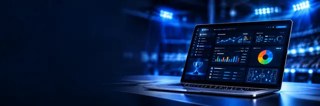 Notebook com painel esportivo escuro em estádio